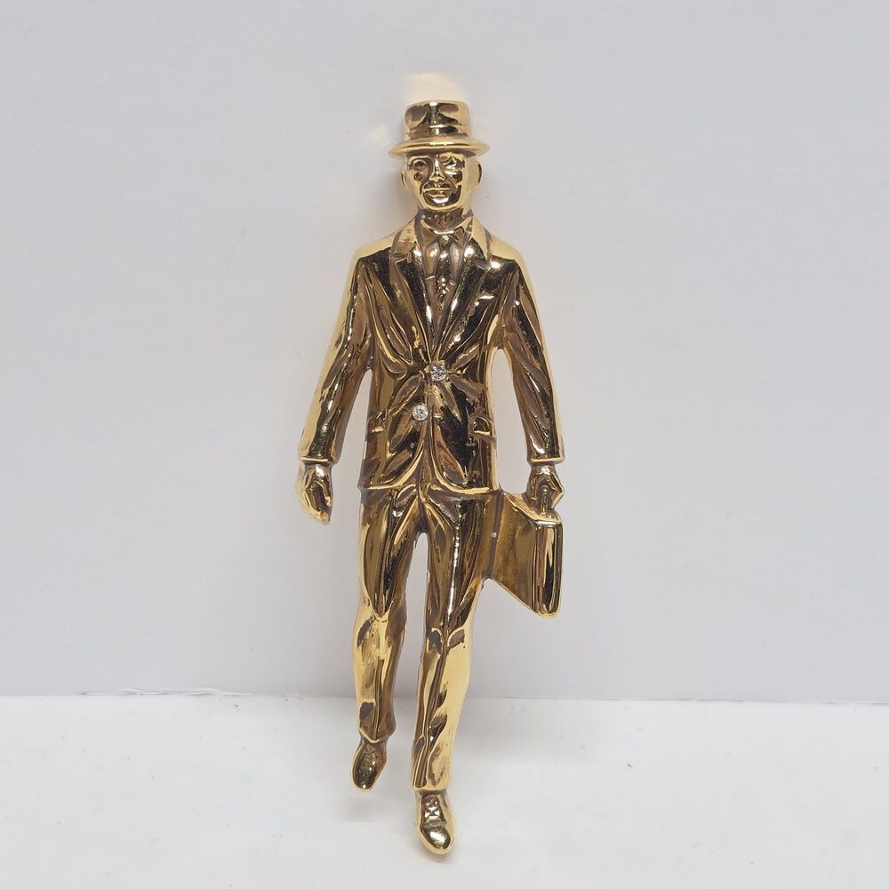 Vintage Diva Salesman Large Pin Brooch Business Man In Suit Gold Tone Metal